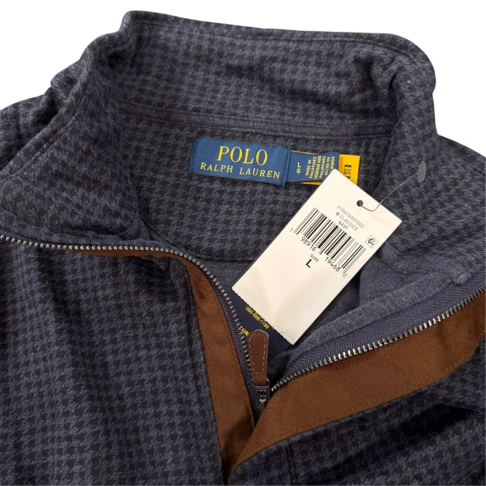 Polo Ralph Lauren Mens Quarter Zip Navy Houndstooth Cotton Blend Pullover Size L